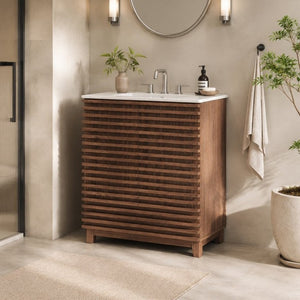 English Elm 36 Inch Freestanding Bathroom Vanity with Fluted Matte Cabinet and Resin Sink Top Walnut Brown 30 Inch N817P473078D