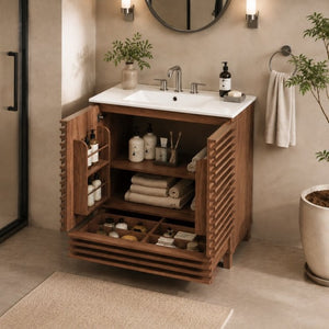 English Elm 36 Inch Freestanding Bathroom Vanity with Fluted Matte Cabinet and Resin Sink Top Walnut Brown 30 Inch N817P473078D
