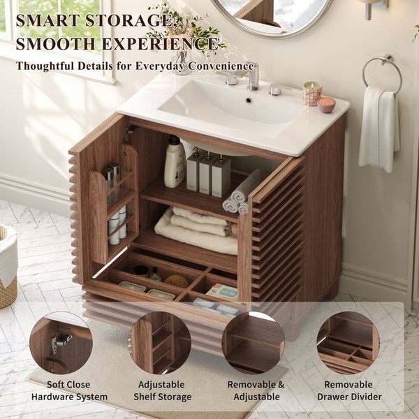English Elm 36 Inch Freestanding Bathroom Vanity with Fluted Matte Cabinet and Resin Sink Top Walnut Brown 30 Inch N817P473078D