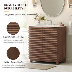 English Elm 36 Inch Freestanding Bathroom Vanity with Fluted Matte Cabinet and Resin Sink Top Walnut Brown 30 Inch N817P473078D
