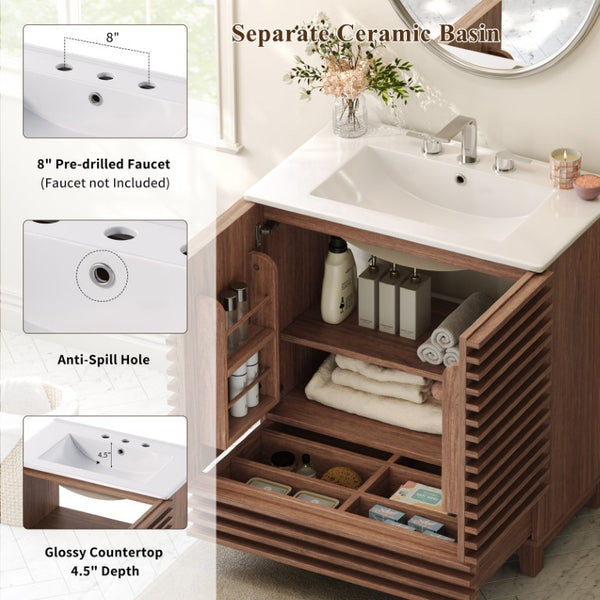 English Elm 36 Inch Freestanding Bathroom Vanity with Fluted Matte Cabinet and Resin Sink Top Walnut Brown 30 Inch N817P473078D