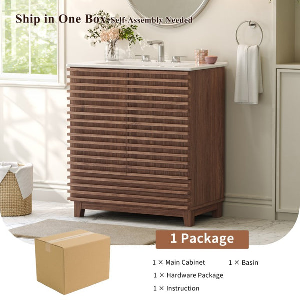 English Elm 36 Inch Freestanding Bathroom Vanity with Fluted Matte Cabinet and Resin Sink Top Walnut Brown 30 Inch N817P473078D