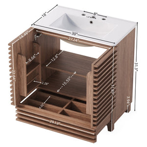 English Elm 36 Inch Freestanding Bathroom Vanity with Fluted Matte Cabinet and Resin Sink Top Walnut Brown 30 Inch N817P473078D