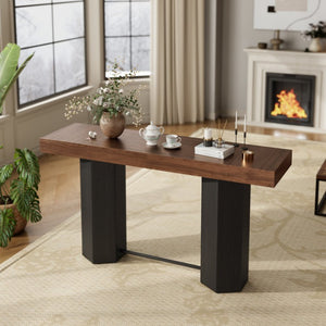 English Elm Modern Geometric Pedestal Bar Table with Wood Grain Top and Metal Footrest for Home Walnut N820P483795D