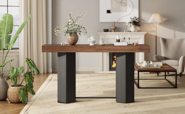 English Elm Modern Geometric Pedestal Bar Table with Wood Grain Top and Metal Footrest for Home Walnut N820P483795D