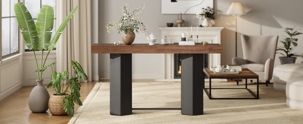 English Elm Modern Geometric Pedestal Bar Table with Wood Grain Top and Metal Footrest for Home Walnut N820P483795D