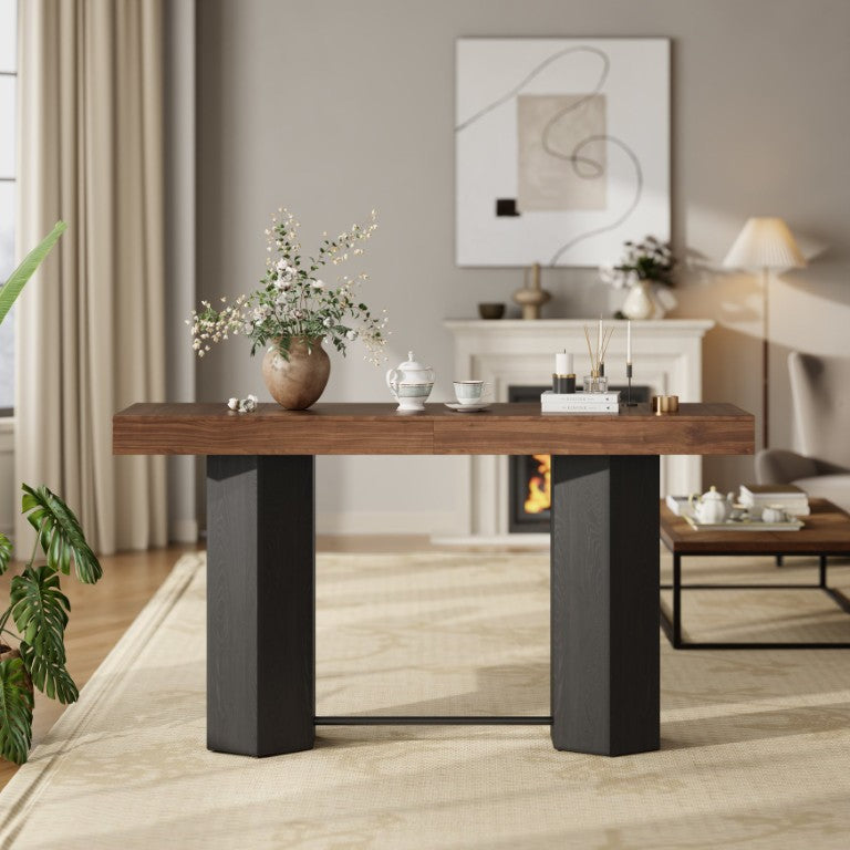 English Elm Modern Geometric Pedestal Bar Table with Wood Grain Top and Metal Footrest for Home Walnut N820P483795D