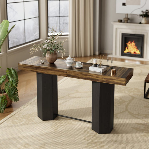 English Elm Modern Geometric Pedestal Bar Table with Wood Grain Top and Metal Footrest for Home Light Brown N820P483795L