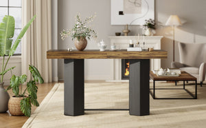 English Elm Modern Geometric Pedestal Bar Table with Wood Grain Top and Metal Footrest for Home Light Brown N820P483795L