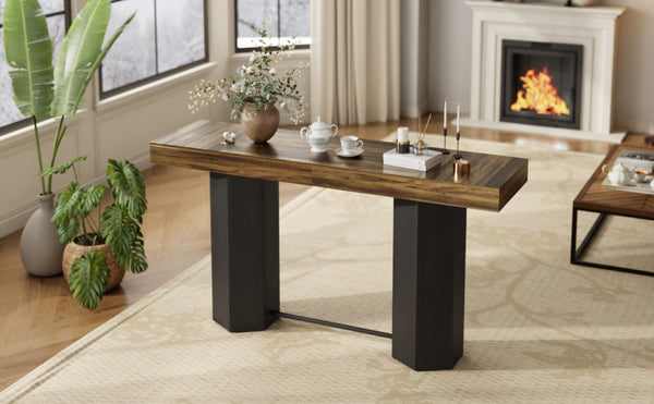 English Elm Modern Geometric Pedestal Bar Table with Wood Grain Top and Metal Footrest for Home Light Brown N820P483795L