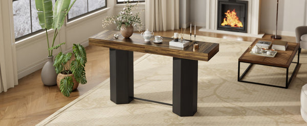 English Elm Modern Geometric Pedestal Bar Table with Wood Grain Top and Metal Footrest for Home Light Brown N820P483795L