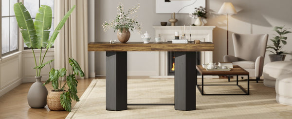 English Elm Modern Geometric Pedestal Bar Table with Wood Grain Top and Metal Footrest for Home Light Brown N820P483795L