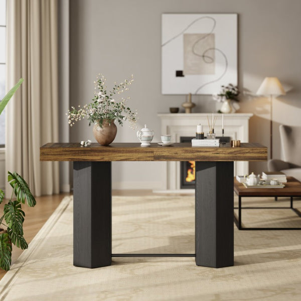English Elm Modern Geometric Pedestal Bar Table with Wood Grain Top and Metal Footrest for Home Light Brown N820P483795L