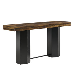 English Elm Modern Geometric Pedestal Bar Table with Wood Grain Top and Metal Footrest for Home Light Brown N820P483795L