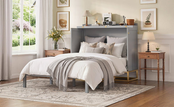 English Elm Murphy Freestanding Queen Bed Cabinet with Faux Drawer Facade and Integrated Headboard Shelf Gray N820S00028E-1