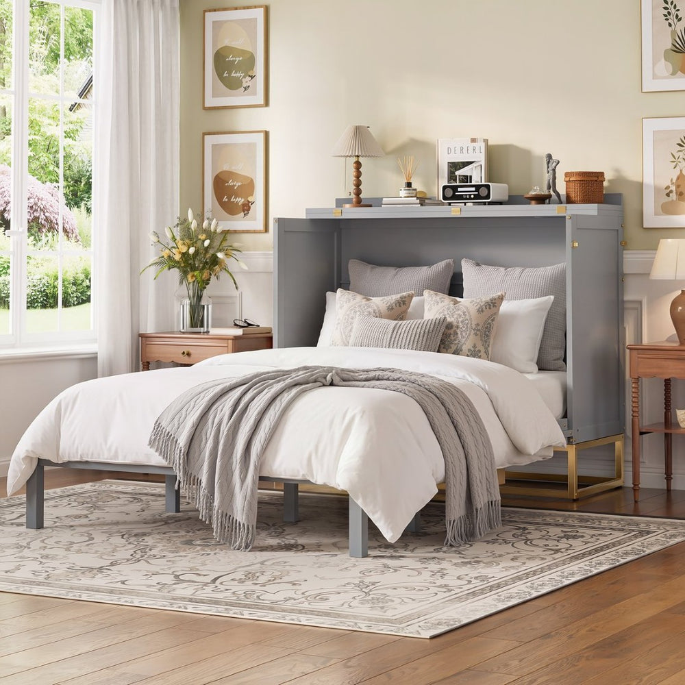 English Elm Murphy Freestanding Queen Bed Cabinet with Faux Drawer Facade and Integrated Headboard Shelf Gray N820S00028E-1