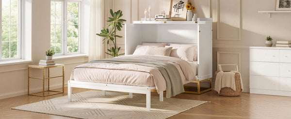 English Elm Murphy Freestanding Queen Bed Cabinet with Faux Drawer Facade and Integrated Headboard Shelf White N820S00028K-1