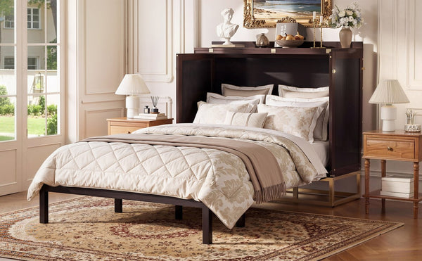 English Elm Murphy Queen Cabinet Bed Freestanding Espresso Finish with Headboard Shelf Metal Legs N820S00028P-1