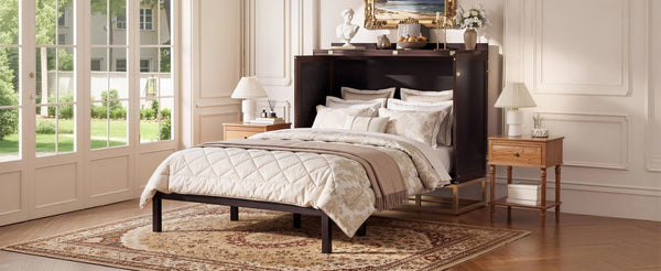 English Elm Murphy Queen Cabinet Bed Freestanding Espresso Finish with Headboard Shelf Metal Legs N820S00028P-1