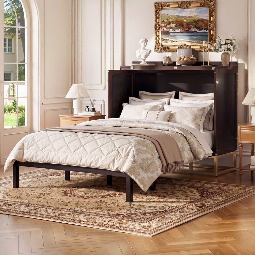 English Elm Murphy Queen Cabinet Bed Freestanding Espresso Finish with Headboard Shelf Metal Legs N820S00028P-1