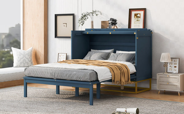 English Elm Queen Murphy Bed Shaker Cabinet Pinewood MDF Gold Iron Legs Space Saving Modern Blue N820S00035C-1
