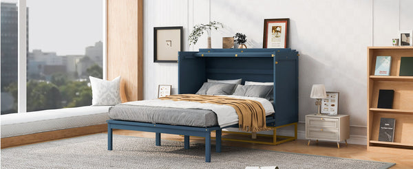 English Elm Queen Murphy Bed Shaker Cabinet Pinewood MDF Gold Iron Legs Space Saving Modern Blue N820S00035C-1