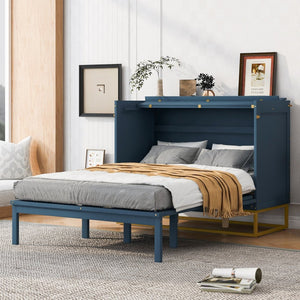 English Elm Queen Murphy Bed Shaker Cabinet Pinewood MDF Gold Iron Legs Space Saving Modern Blue N820S00035C-1