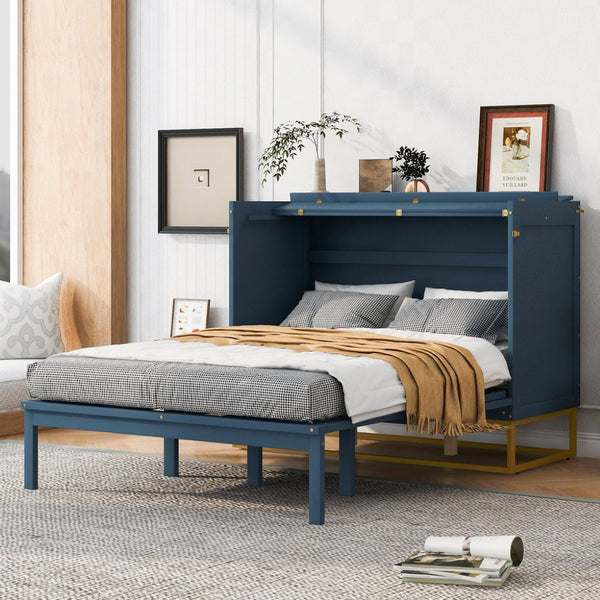 English Elm Queen Murphy Bed Shaker Cabinet Pinewood MDF Gold Iron Legs Space Saving Modern Blue N820S00035C-1