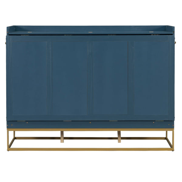 English Elm Queen Murphy Bed Shaker Cabinet Pinewood MDF Gold Iron Legs Space Saving Modern Blue N820S00035C-1