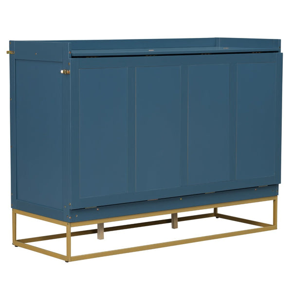 English Elm Queen Murphy Bed Shaker Cabinet Pinewood MDF Gold Iron Legs Space Saving Modern Blue N820S00035C-1