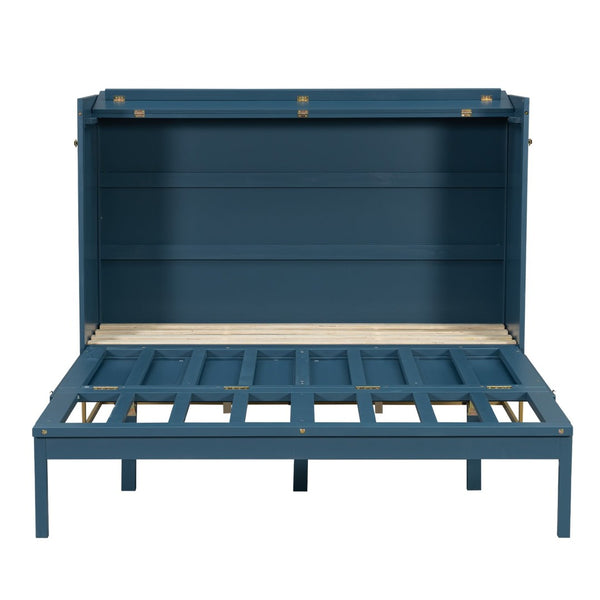English Elm Queen Murphy Bed Shaker Cabinet Pinewood MDF Gold Iron Legs Space Saving Modern Blue N820S00035C-1