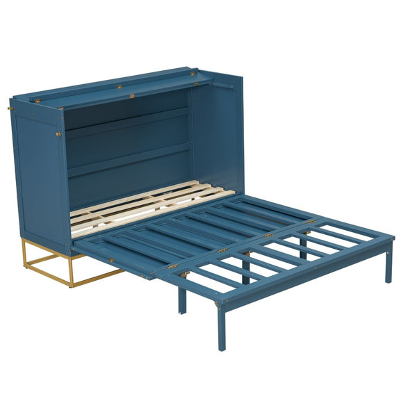 English Elm Queen Murphy Bed Shaker Cabinet Pinewood MDF Gold Iron Legs Space Saving Modern Blue N820S00035C-1