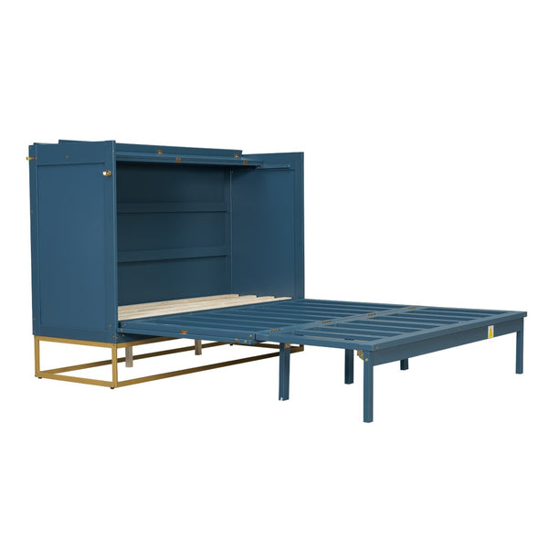 English Elm Queen Murphy Bed Shaker Cabinet Pinewood MDF Gold Iron Legs Space Saving Modern Blue N820S00035C-1