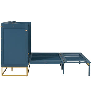 English Elm Queen Murphy Bed Shaker Cabinet Pinewood MDF Gold Iron Legs Space Saving Modern Blue N820S00035C-1