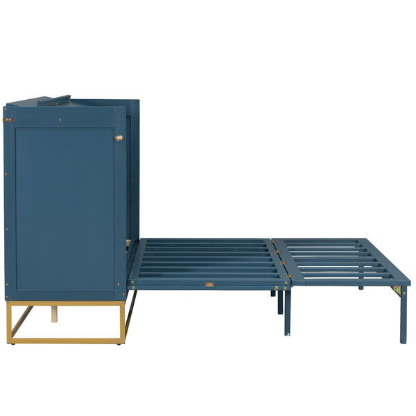 English Elm Queen Murphy Bed Shaker Cabinet Pinewood MDF Gold Iron Legs Space Saving Modern Blue N820S00035C-1