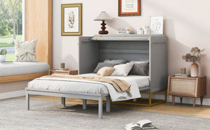English Elm Queen Murphy Bed Shaker Cabinet with Iron Legs Pinewood Guest Room Space Saver N820S00035E-1