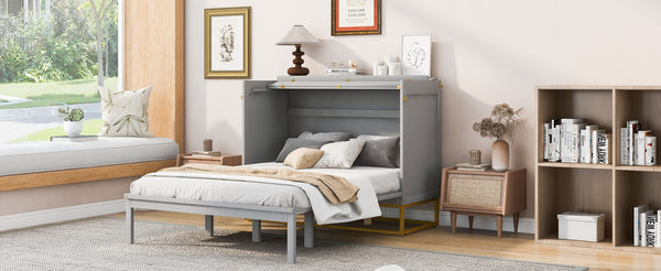 English Elm Queen Murphy Bed Shaker Cabinet with Iron Legs Pinewood Guest Room Space Saver N820S00035E-1