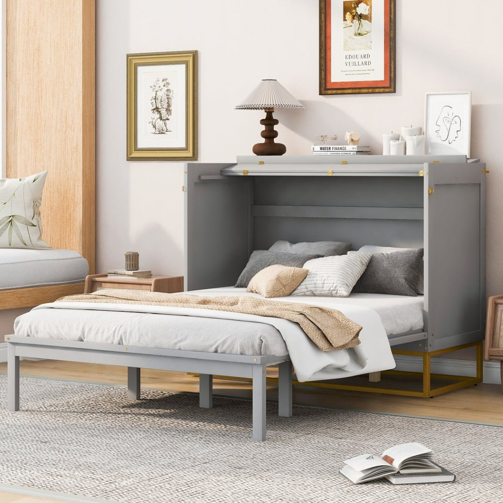 English Elm Queen Murphy Bed Shaker Cabinet with Iron Legs Pinewood Guest Room Space Saver N820S00035E-1