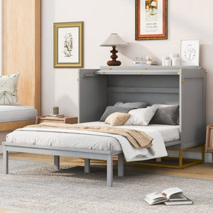 English Elm Queen Murphy Bed Shaker Cabinet with Iron Legs Pinewood Guest Room Space Saver N820S00035E-1