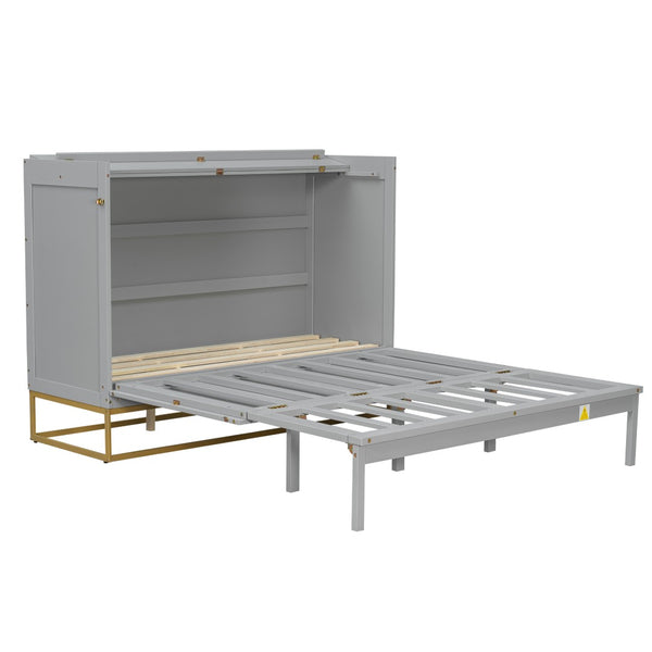 English Elm Queen Murphy Bed Shaker Cabinet with Iron Legs Pinewood Guest Room Space Saver N820S00035E-1