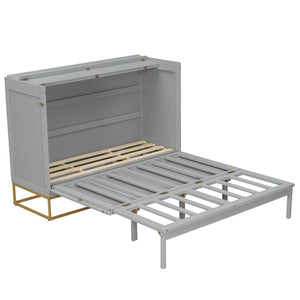 English Elm Queen Murphy Bed Shaker Cabinet with Iron Legs Pinewood Guest Room Space Saver N820S00035E-1