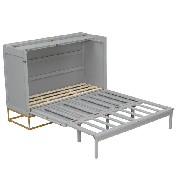 English Elm Queen Murphy Bed Shaker Cabinet with Iron Legs Pinewood Guest Room Space Saver N820S00035E-1