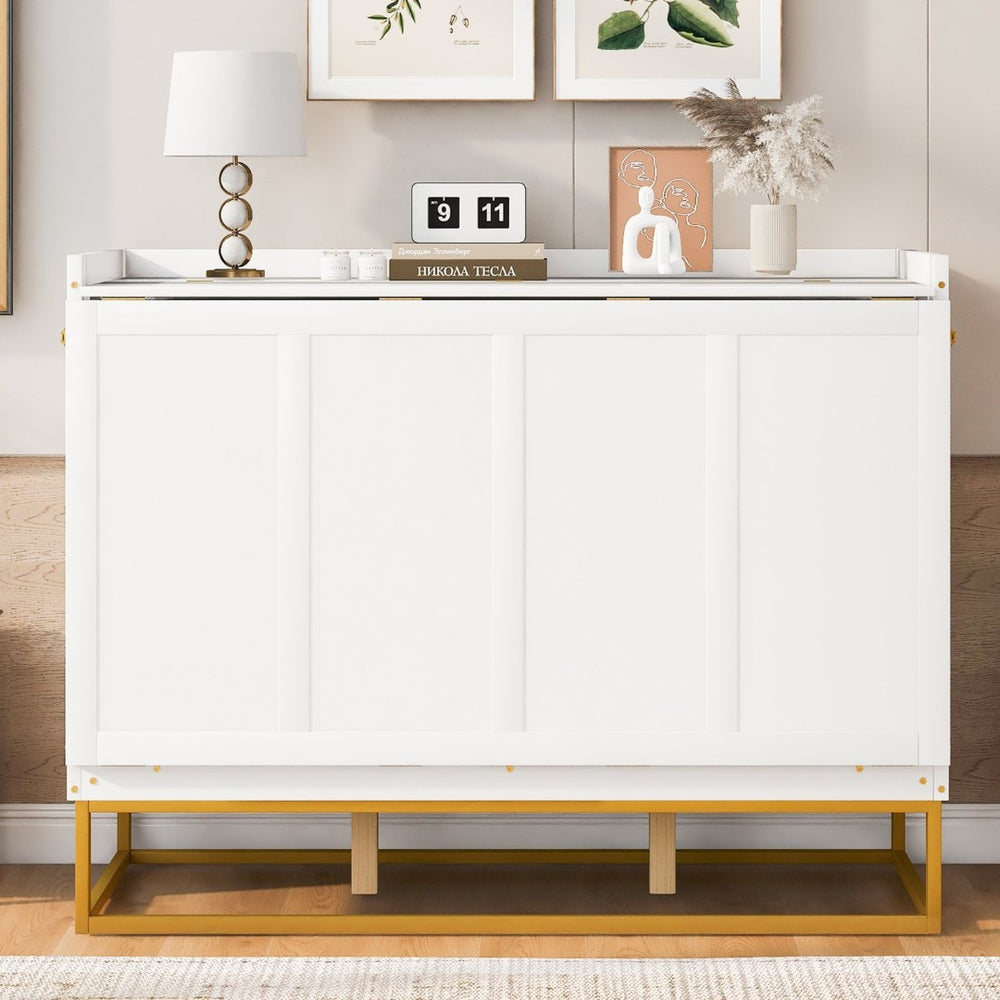 English Elm Queen Murphy Bed Shaker Cabinet Pinewood MDF Gold Iron Legs Space Saving Modern White N820S00035K-1