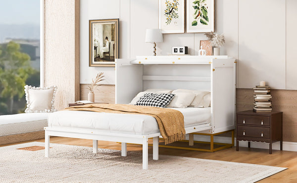 English Elm Queen Murphy Bed Shaker Cabinet Pinewood MDF Gold Iron Legs Space Saving Modern White N820S00035K-1