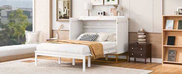 English Elm Queen Murphy Bed Shaker Cabinet Pinewood MDF Gold Iron Legs Space Saving Modern White N820S00035K-1