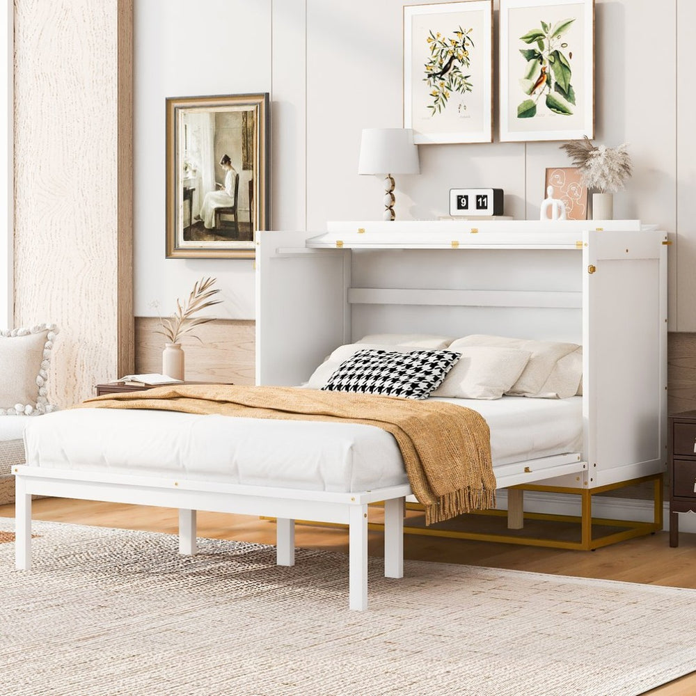 English Elm Queen Murphy Bed Shaker Cabinet Pinewood MDF Gold Iron Legs Space Saving Modern White N820S00035K-1
