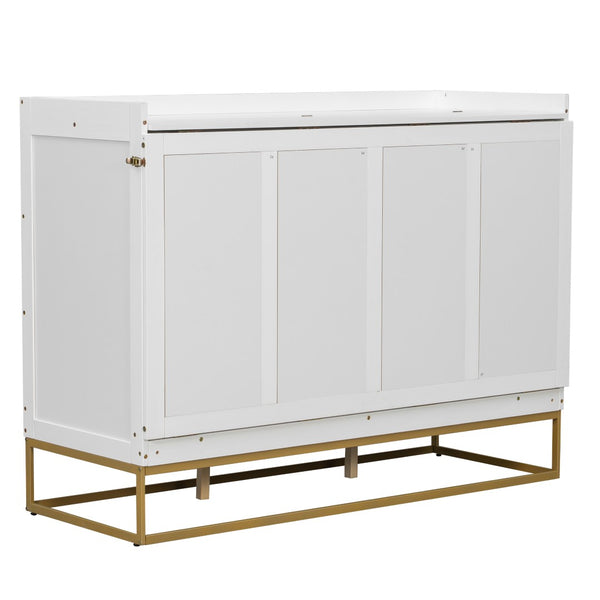 English Elm Queen Murphy Bed Shaker Cabinet Pinewood MDF Gold Iron Legs Space Saving Modern White N820S00035K-1