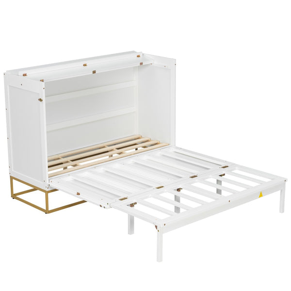 English Elm Queen Murphy Bed Shaker Cabinet Pinewood MDF Gold Iron Legs Space Saving Modern White N820S00035K-1