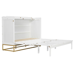 English Elm Queen Murphy Bed Shaker Cabinet Pinewood MDF Gold Iron Legs Space Saving Modern White N820S00035K-1