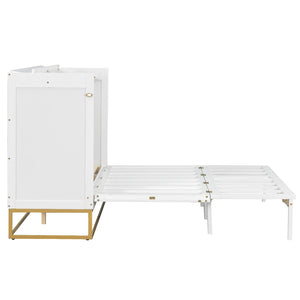 English Elm Queen Murphy Bed Shaker Cabinet Pinewood MDF Gold Iron Legs Space Saving Modern White N820S00035K-1